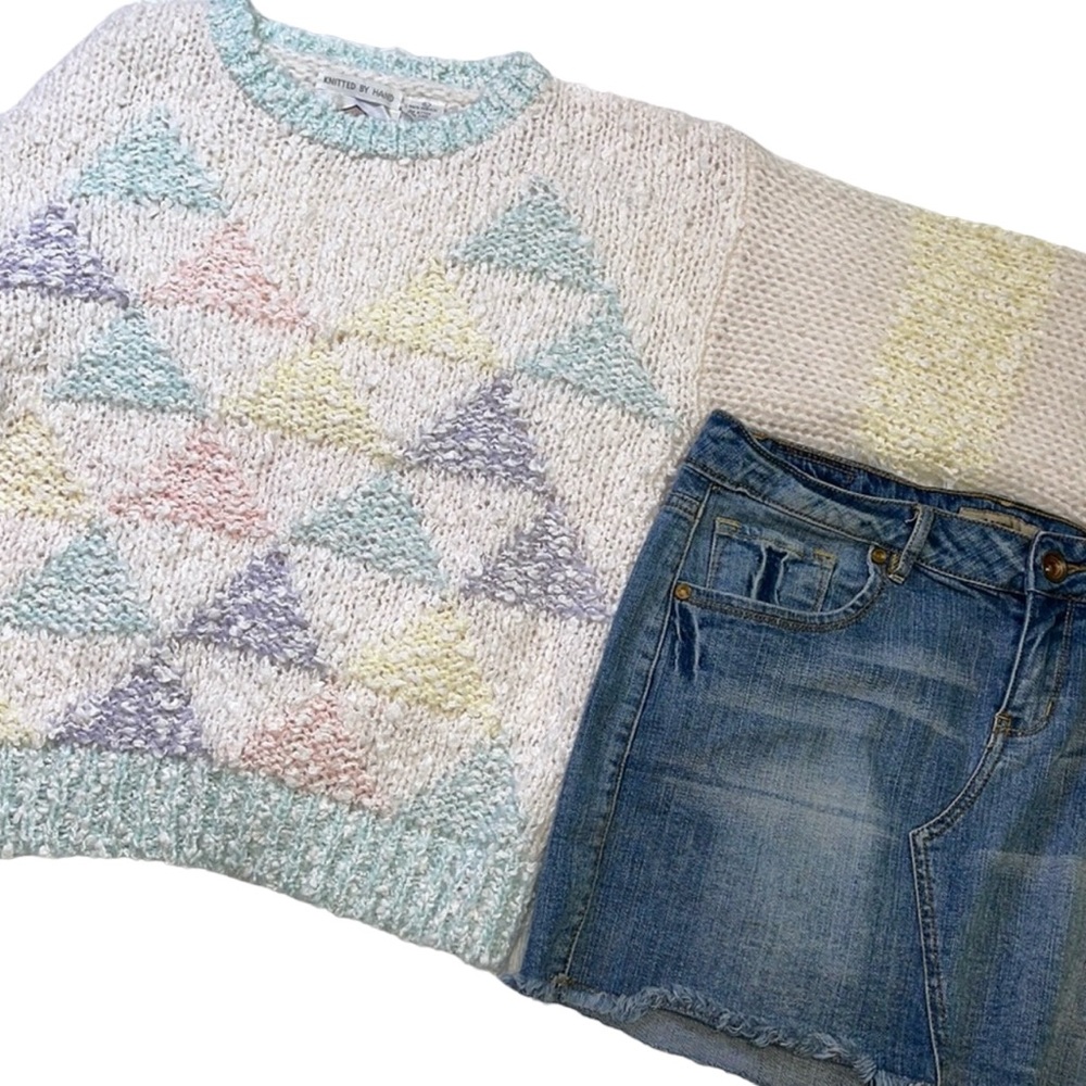 Vintage > Colorblock Pastels Cottagecore Hand Knit Sweater - Picture 11 of 12